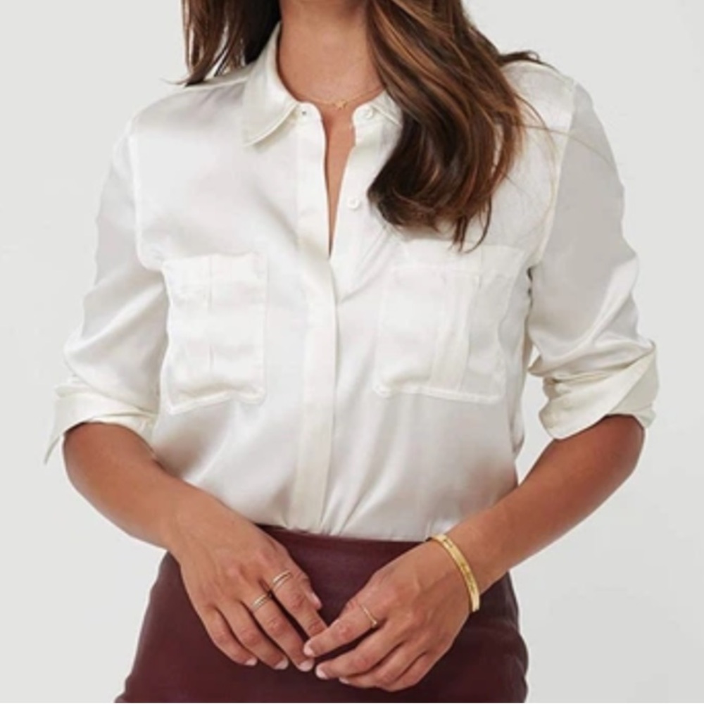 Untuck it collared Carlina silk button down dress shirt long sleeve top ivory